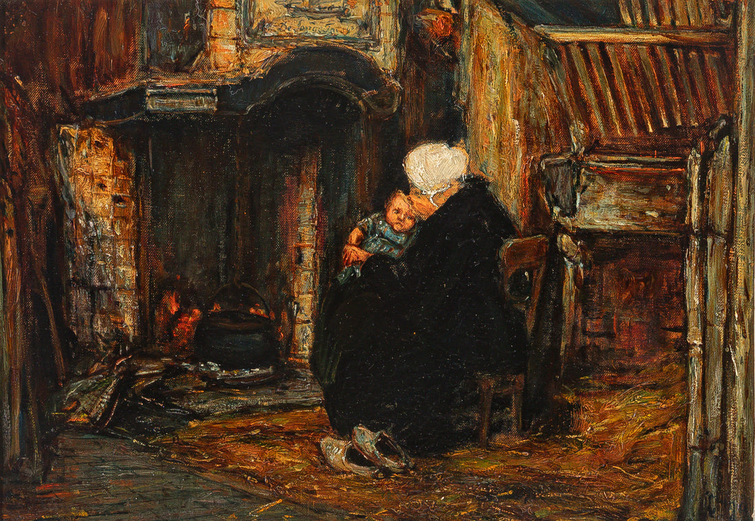 Unknown Artist - Woman And Baby Seated By Hearth - Oil on Canvas Board