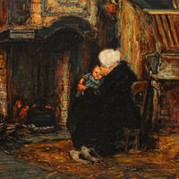 Unknown Artist - Woman And Baby Seated By Hearth - Oil on Canvas Board