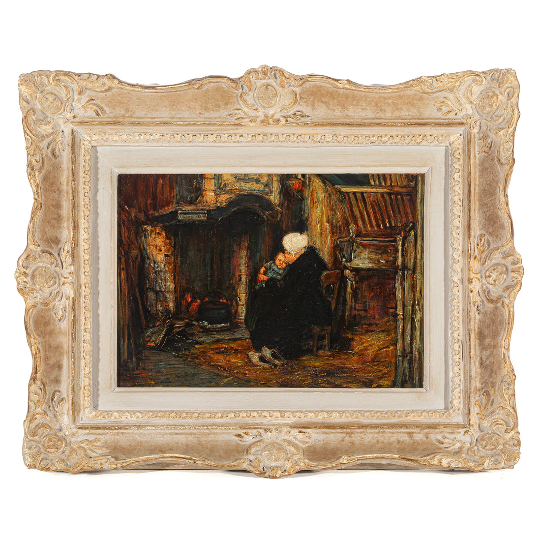 Unknown Artist - Woman And Baby Seated By Hearth - Oil on Canvas Board