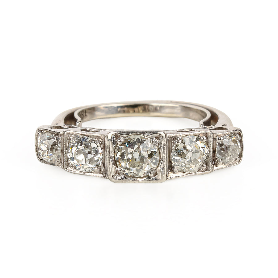 18K White Gold European Cut Diamond 5-Stone Ring