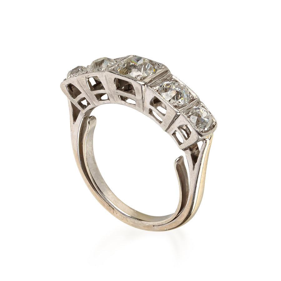 18K White Gold European Cut Diamond 5-Stone Ring