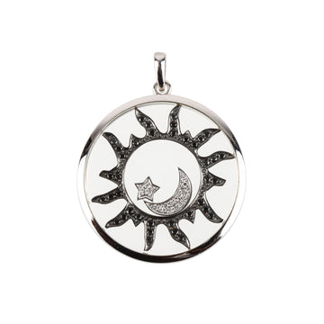 18K White Gold Floating Diamond Star Moon Sun Enclosed Pendant