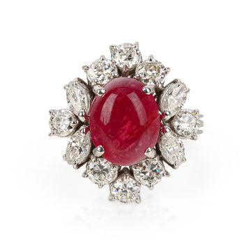 18K White Gold Oval Cabochon Ruby Diamond Cluster Ring