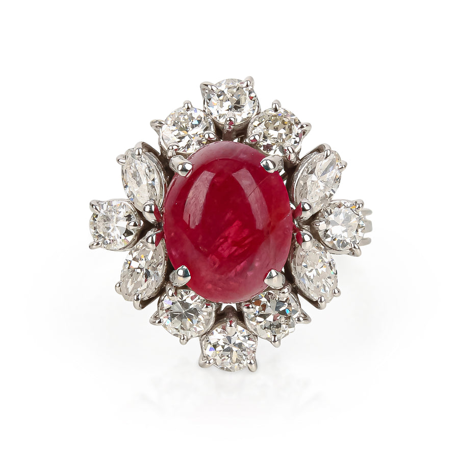 18K White Gold Oval Cabochon Ruby & Diamond Cluster Ring