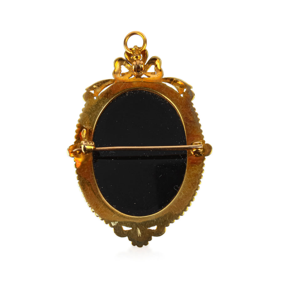 18K Yellow Gold Banded Onyx & Seed Pearl Cameo Pin Pendant