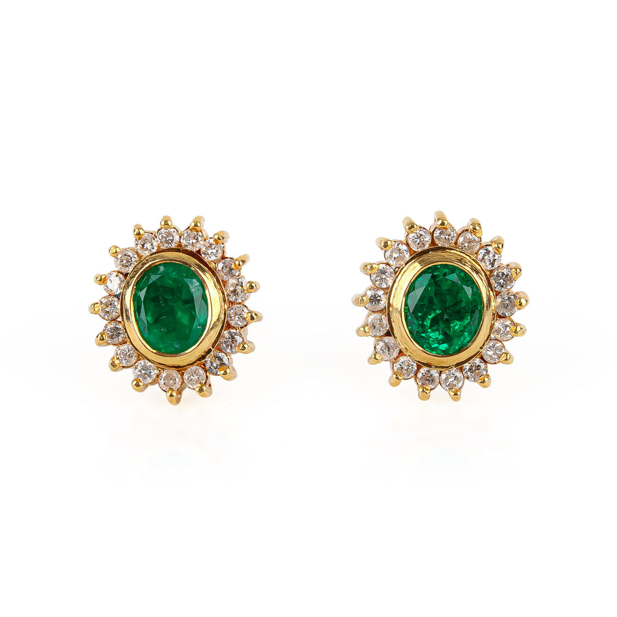 18K Yellow Gold Emerald & Diamond Cluster Stud Earrings