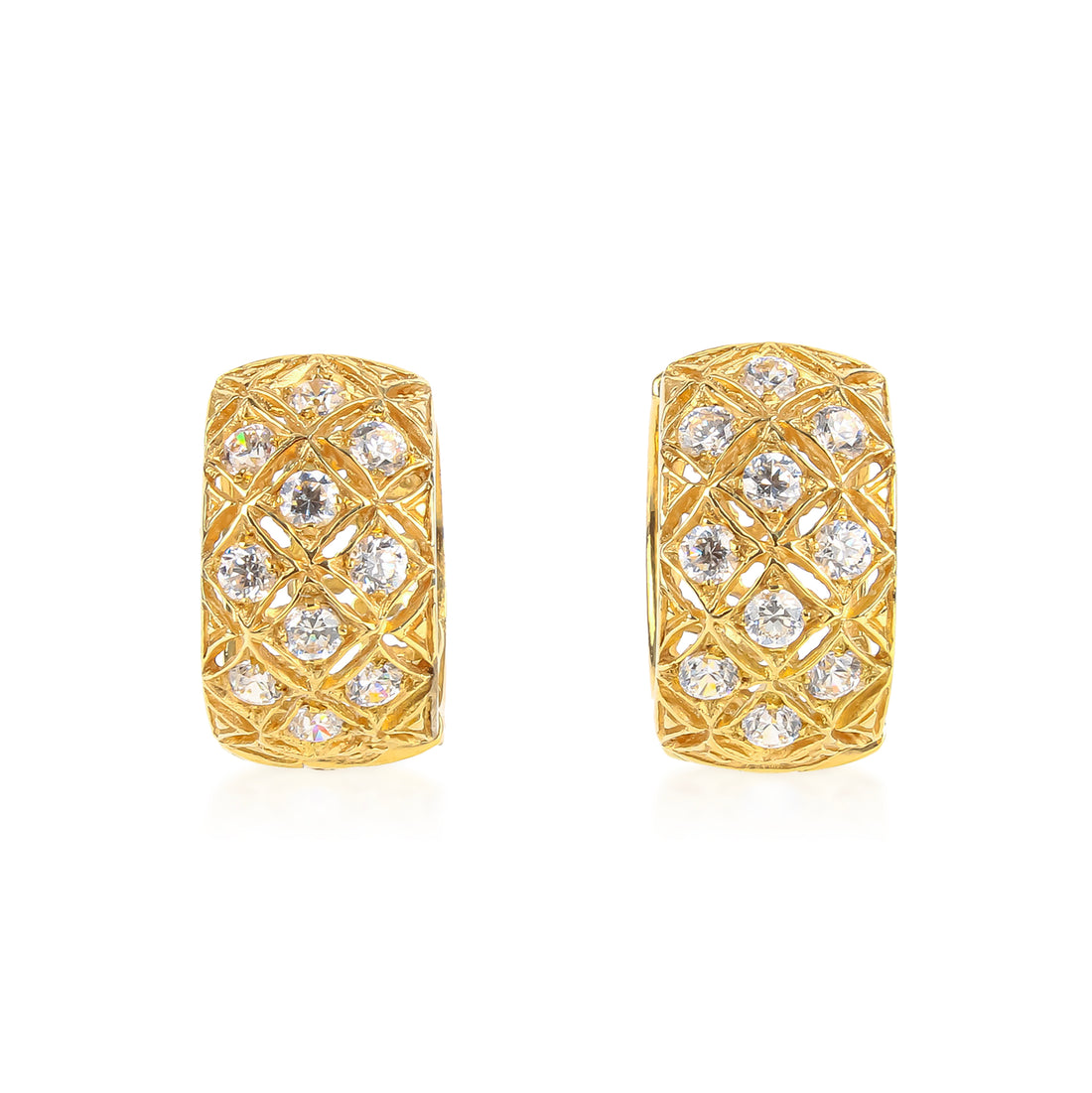 18K Yellow Gold Openwork Clear Stone Huggie Earrings