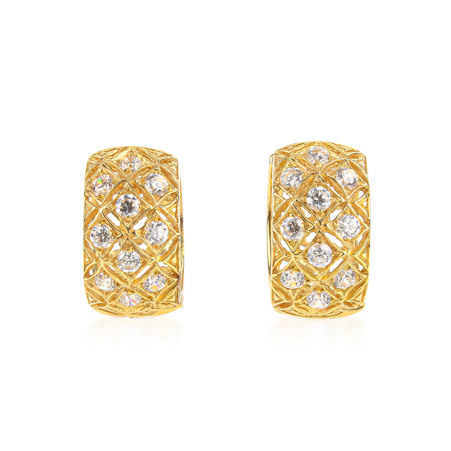 18K Yellow Gold Openwork Clear Stone Huggie Earrings