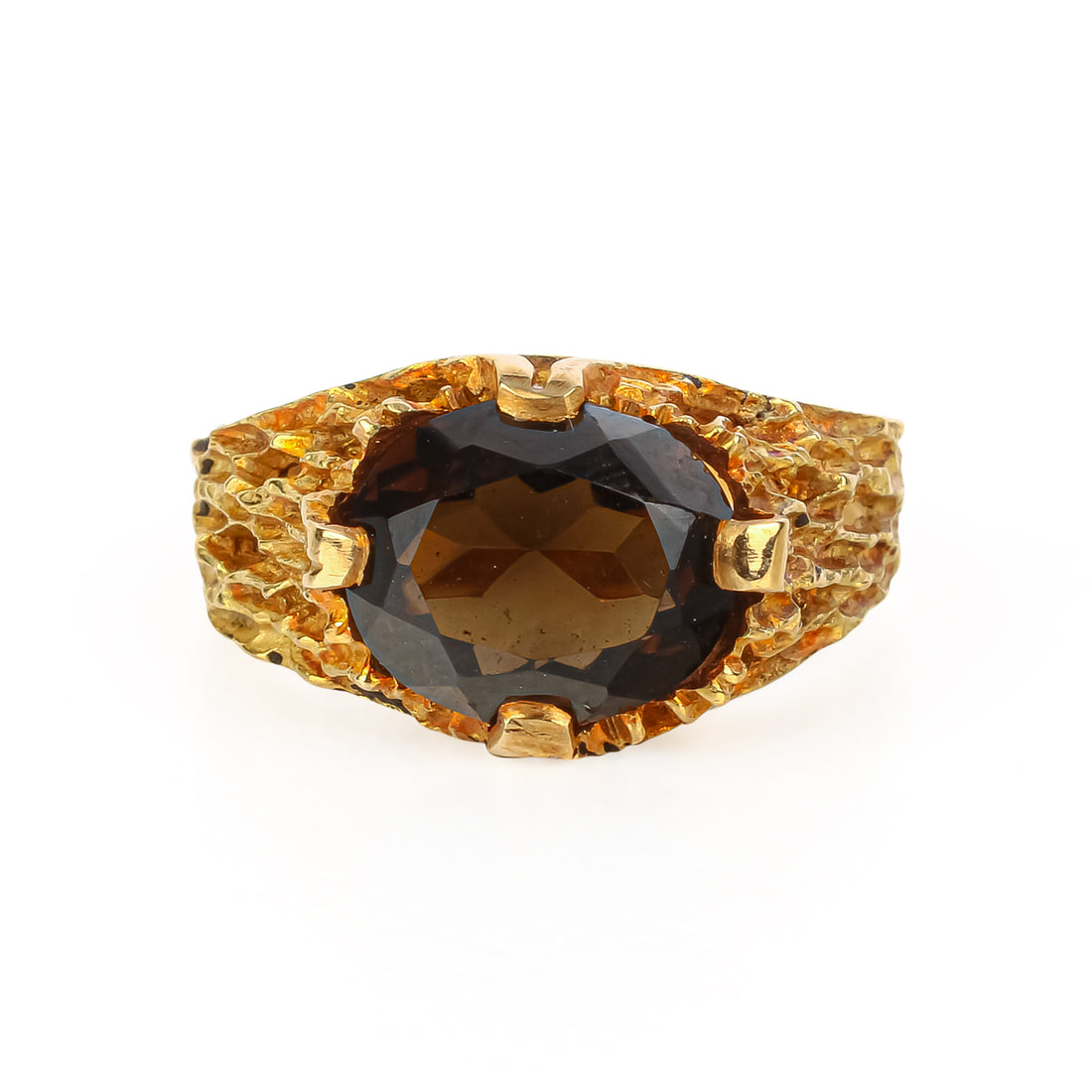 18K Yellow Gold Smoky Quartz Textured Ring