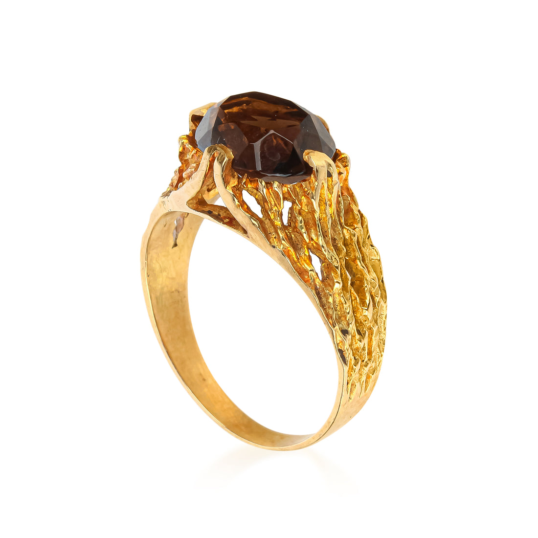 18K Yellow Gold Smoky Quartz Textured Ring