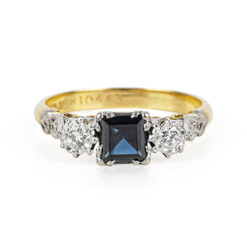 18K Yellow & White Gold Square Sapphire & Diamond Ring
