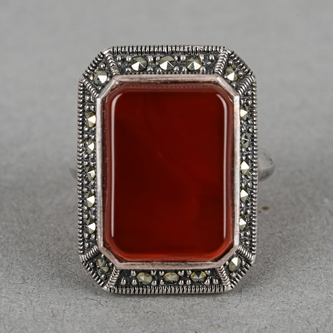Sterling Step Cut Carnelian Marcasite Ring