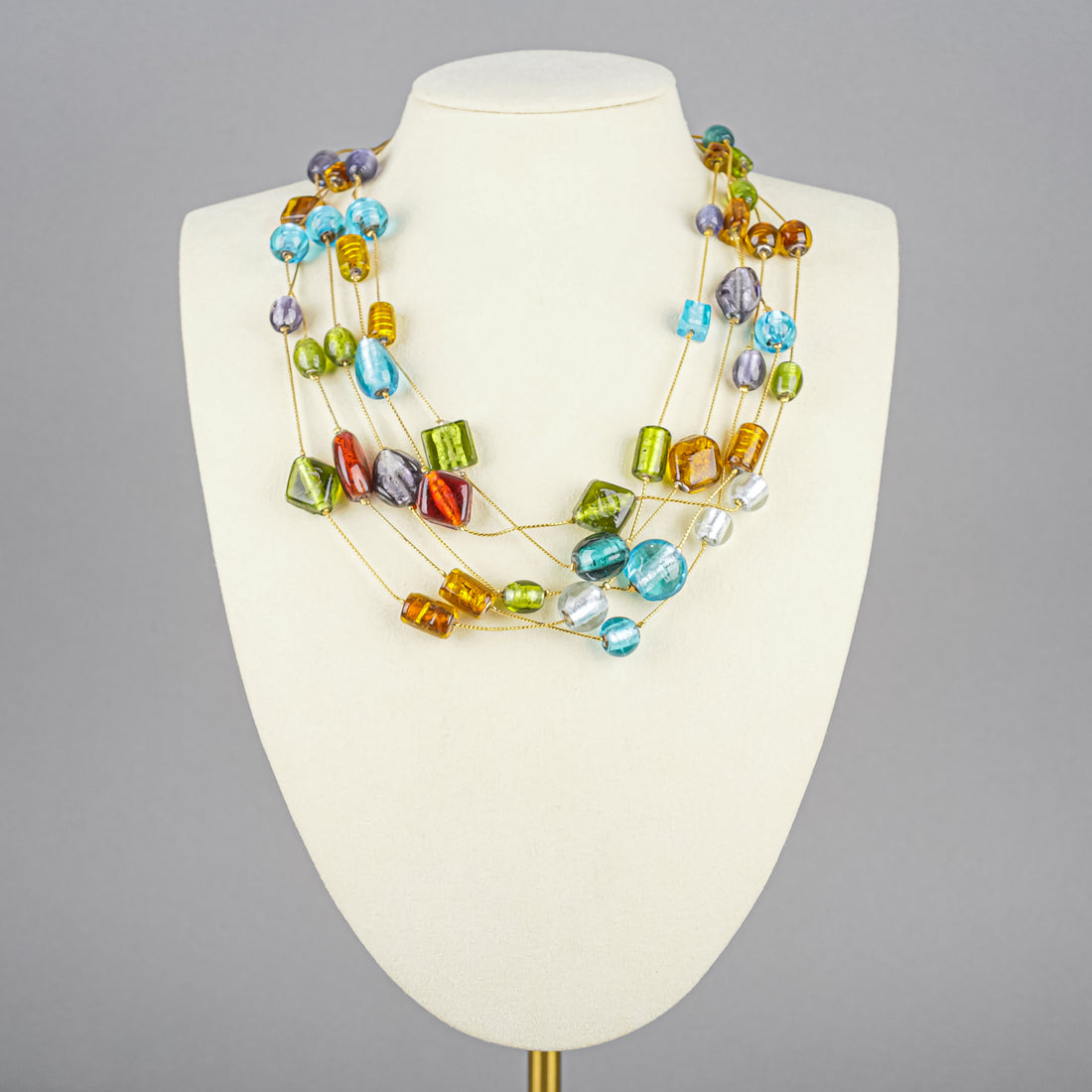 Gold Tone Multicolour Art Glass Multistrand Necklace