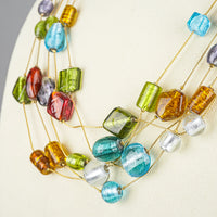Gold Tone Multicolour Art Glass Multistrand Necklace