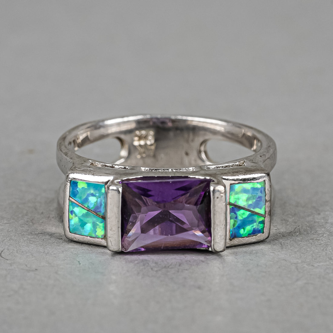 Sterling Silver Amethyst Opal Side Stone Ring