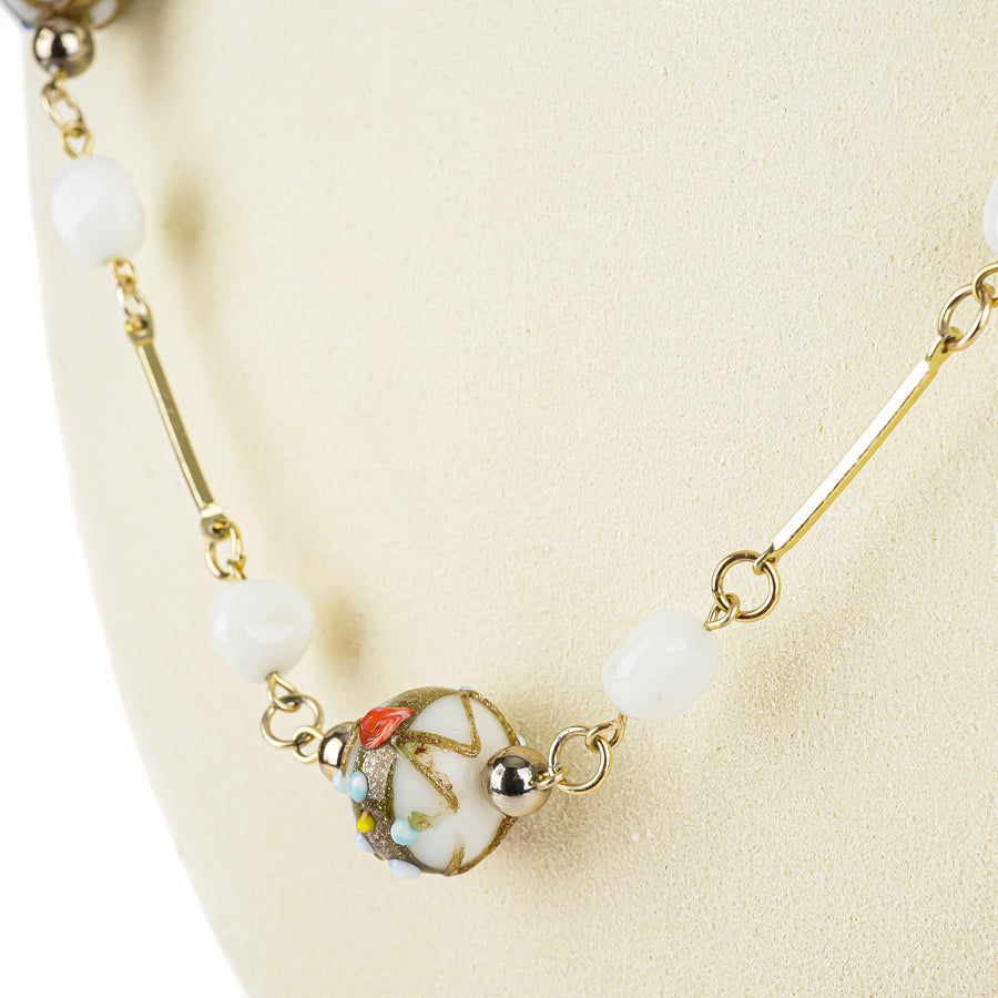 Gold Tone Art Glass Wedding Bead Necklace