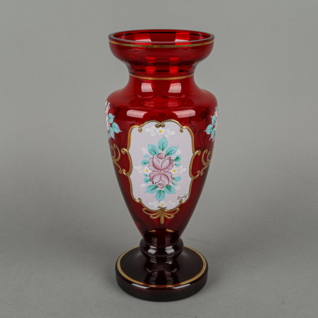 BYTEP Bohemia Hand Painted Enamel And Gold Ruby Glass Vase