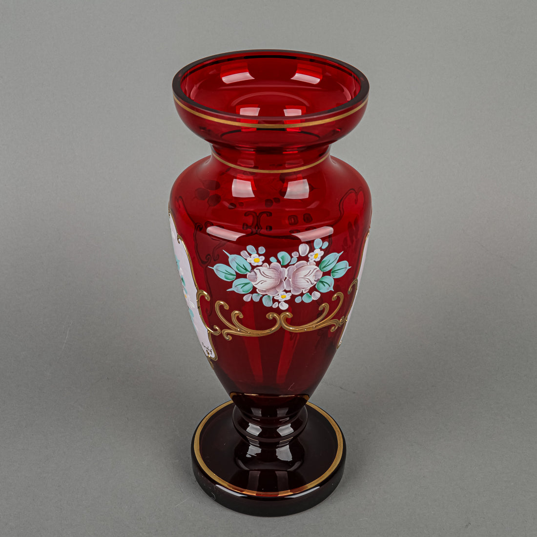BYTEP Bohemia Hand Painted Enamel And Gold Ruby Glass Vase