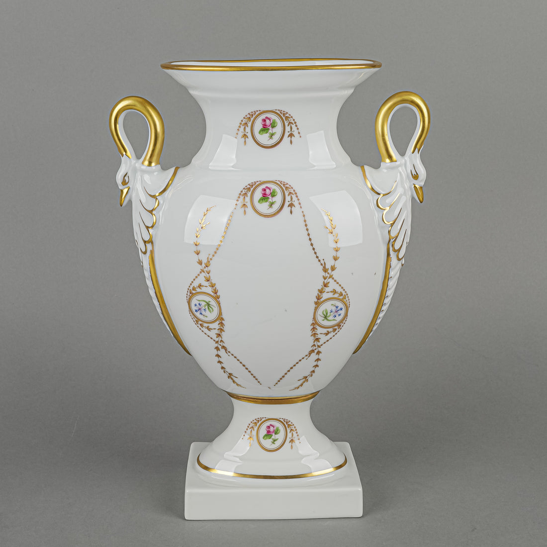 CASTEL Limoges Hand Painted Floral & Gold Vase with Swan Head Handles