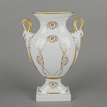 CASTEL Limoges Hand Painted Floral & Gold Vase with Swan Head Handles