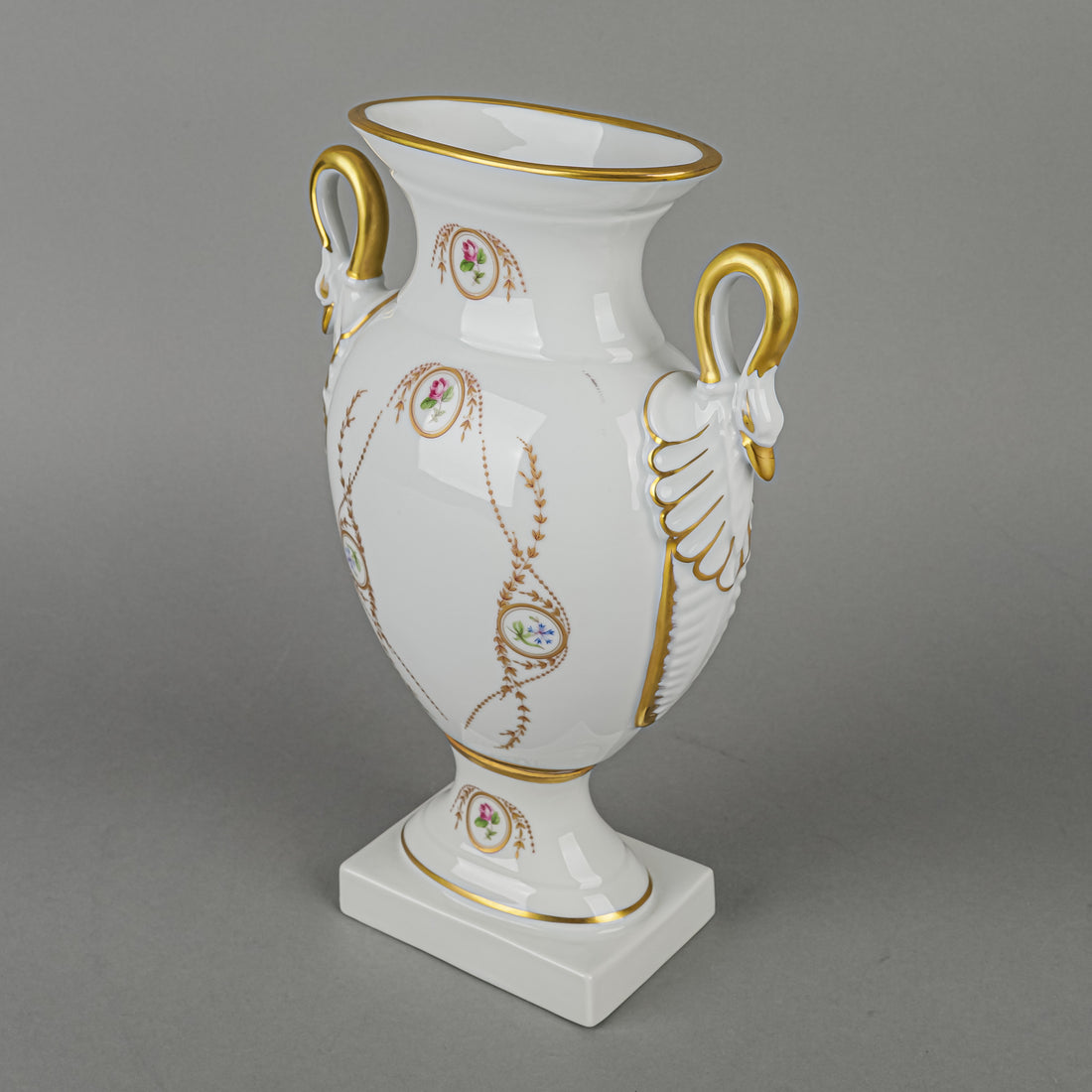 CASTEL Limoges Hand Painted Floral & Gold Vase with Swan Head Handles