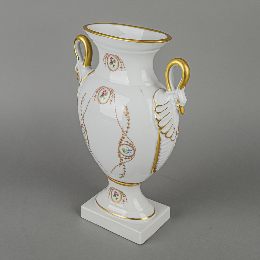 CASTEL Limoges Hand Painted Floral & Gold Vase with Swan Head Handles