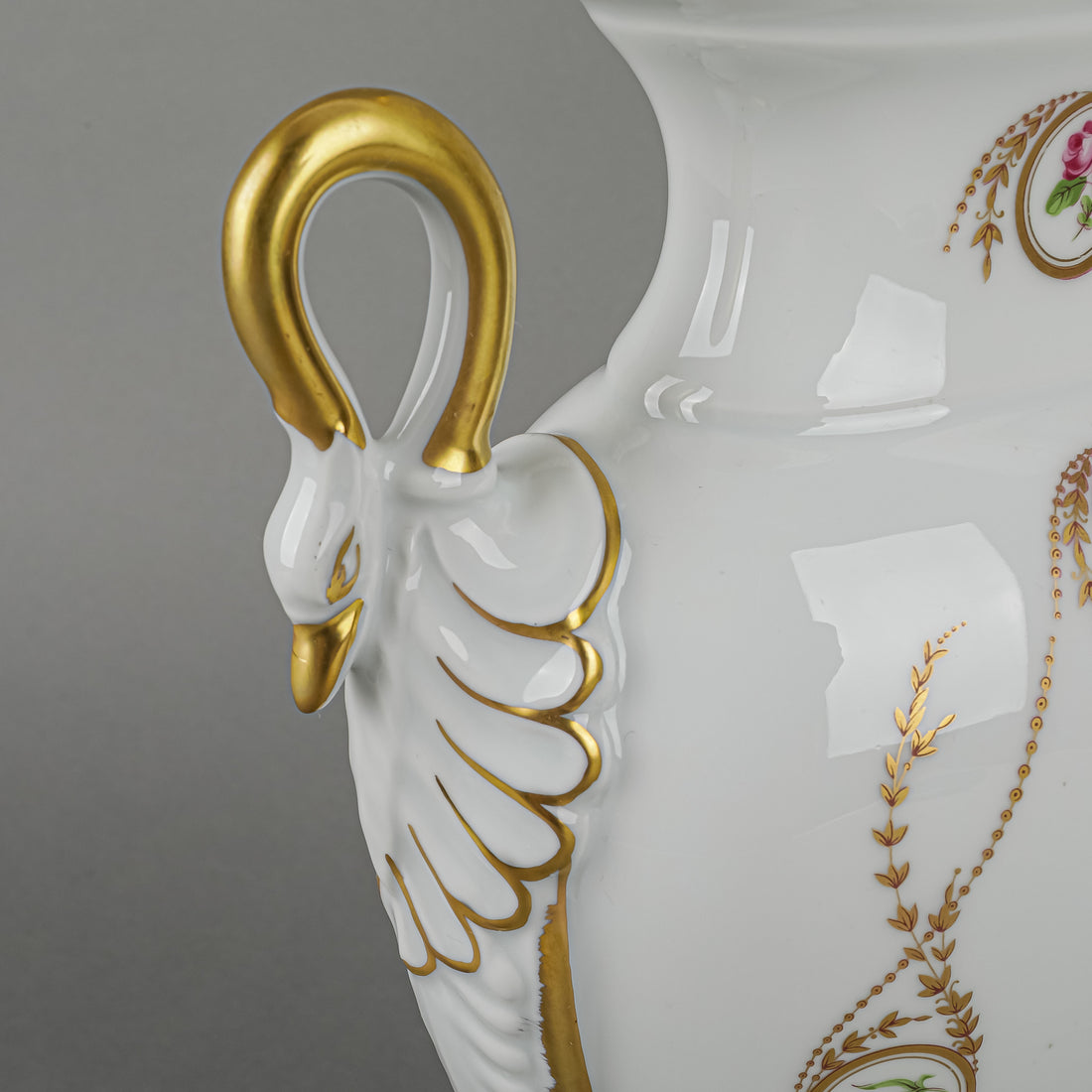 CASTEL Limoges Hand Painted Floral & Gold Vase with Swan Head Handles