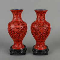 Chinese Cinnabar Style Carved Lacquer Vases Set of 2