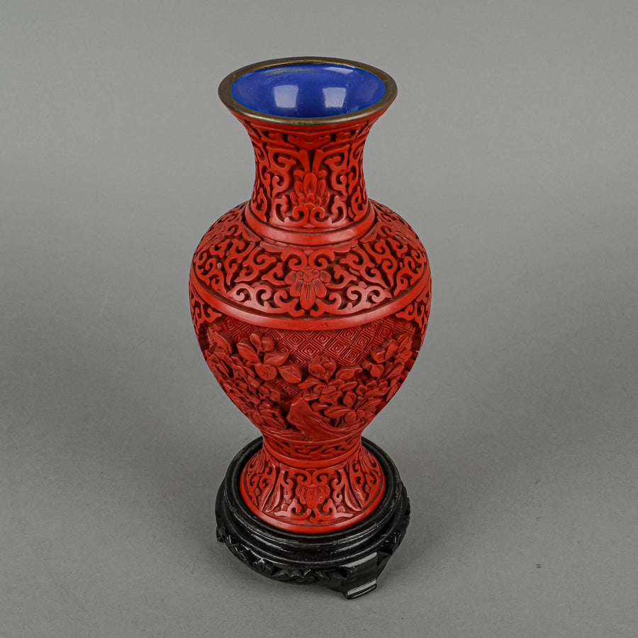 Chinese Cinnabar Style Carved Lacquer Vases Set of 2
