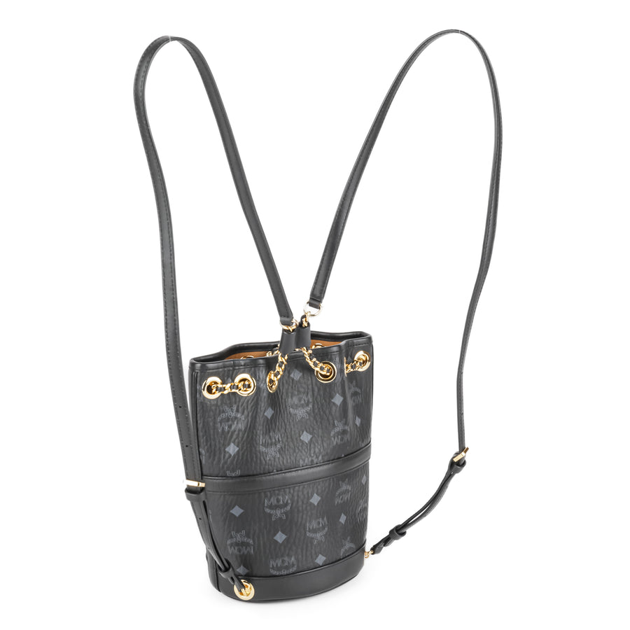 MCM Black Leather Aren Chain Bucket Backpack