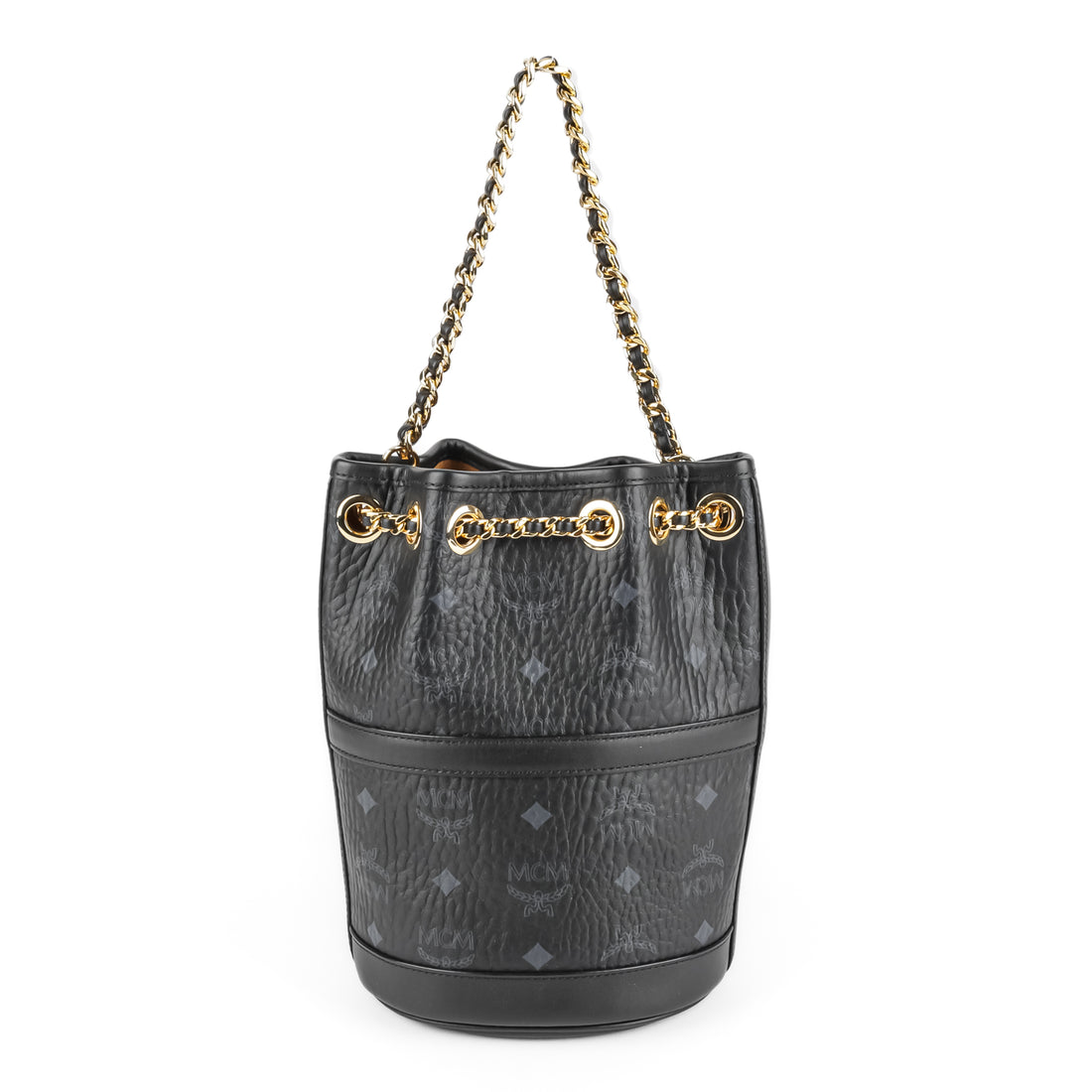 MCM Black Leather Aren Chain Bucket Backpack
