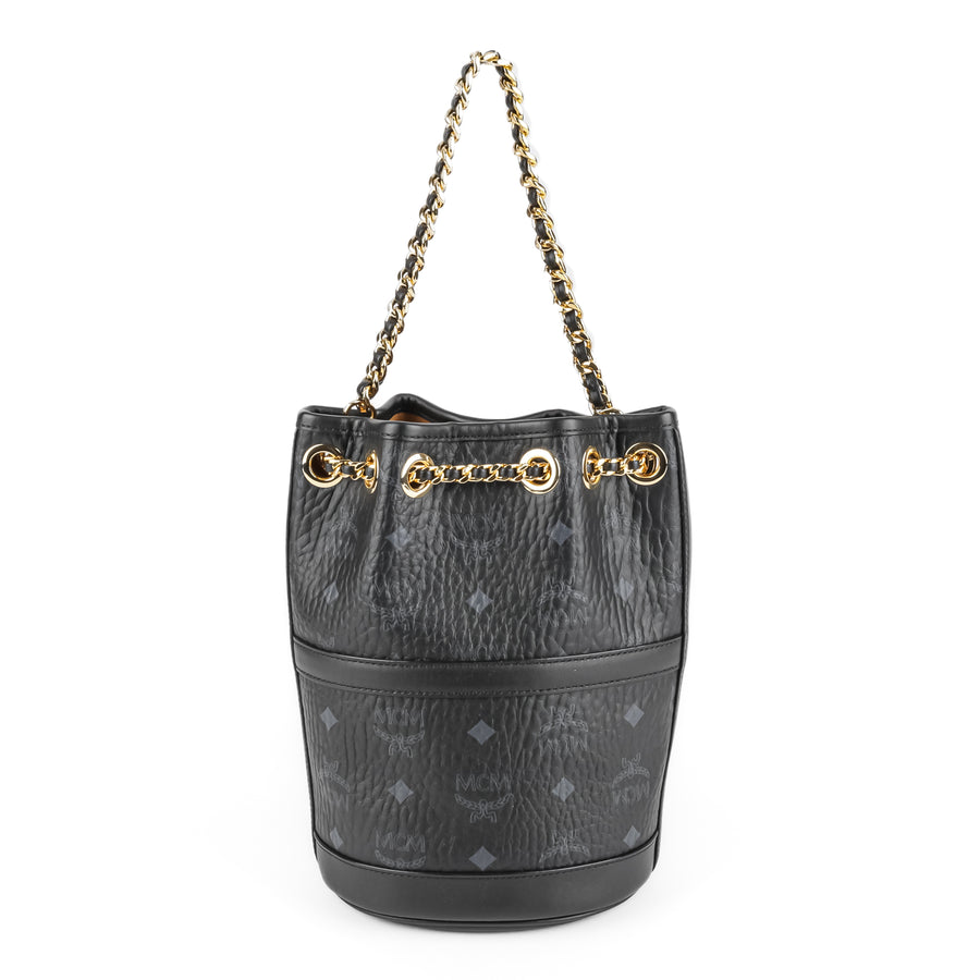 MCM Black Leather Aren Chain Bucket Backpack
