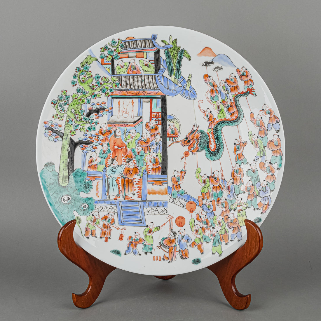 Asian Hand Decorated Famille Rose Dragon Boat Celebration Plate And Stand
