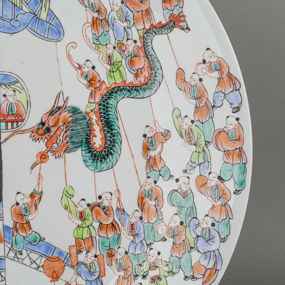 Asian Hand Decorated Famille Rose Dragon Boat Celebration Plate And Stand