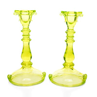 IMPERIAL Double Scroll Uranium/Vaseline Glass Candlesticks Set Of 2