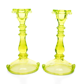 IMPERIAL Double Scroll Uranium/Vaseline Glass Candlesticks Set Of 2