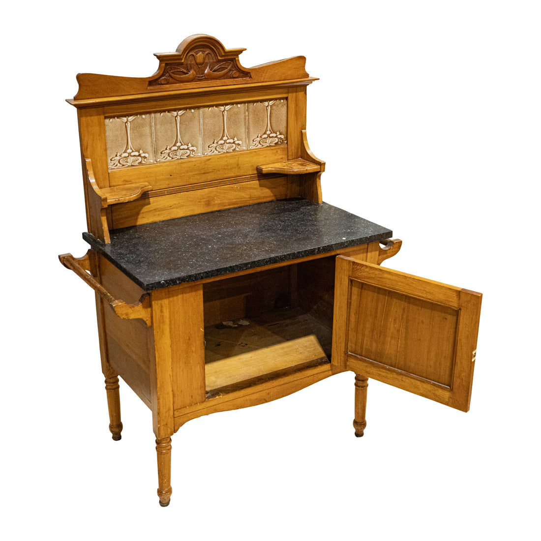 Art Nouveau Style Washstand With Tiled Backsplash And Stone Top