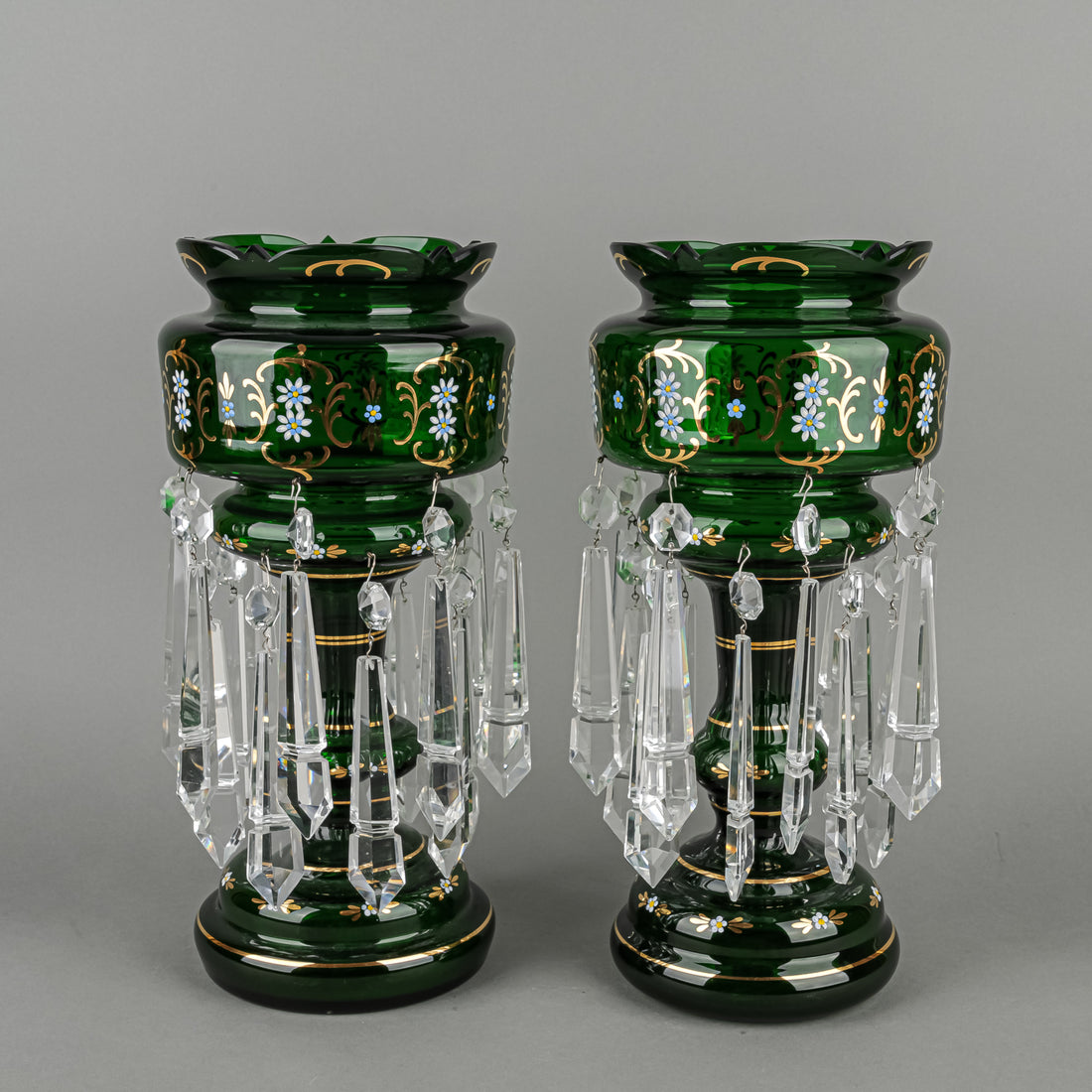 Hand Painted Enamel And Gold Green Glass Lustres Set Of 2