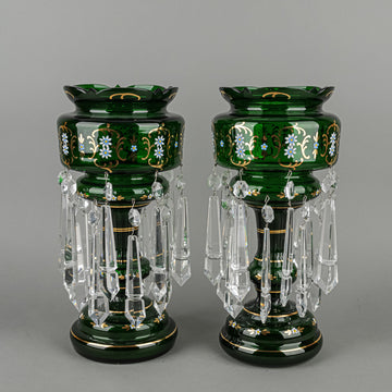 Hand Painted Enamel And Gold Green Glass Lustres Set Of 2