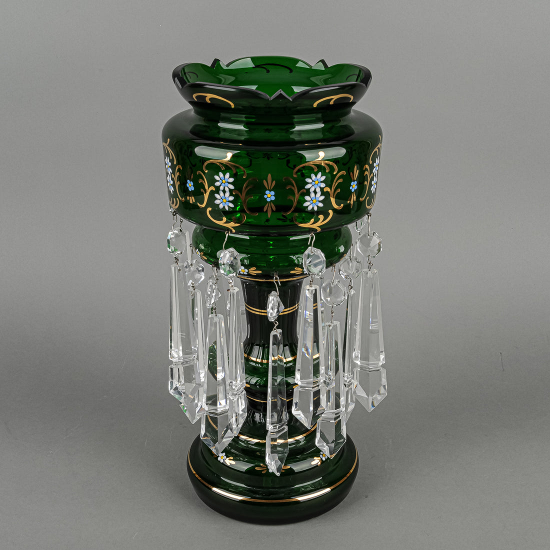 Hand Painted Enamel And Gold Green Glass Lustres Set Of 2
