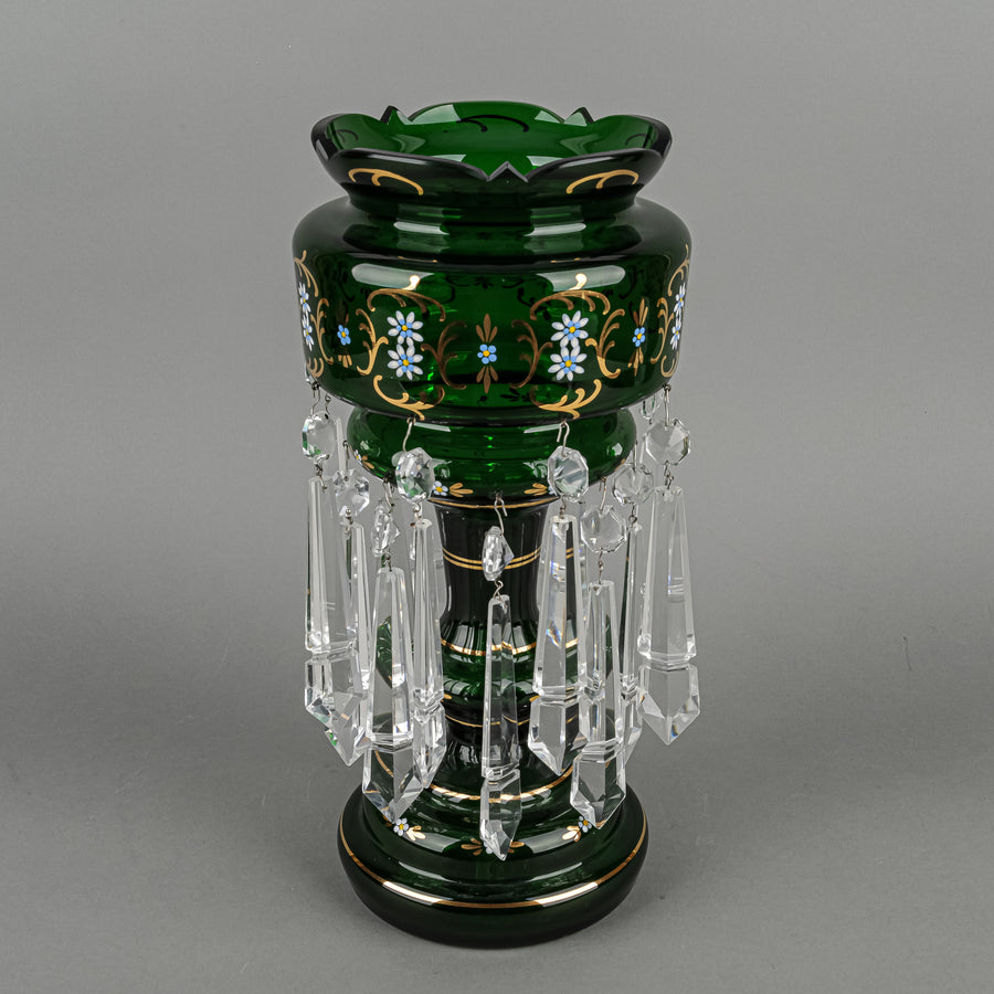 Hand Painted Enamel And Gold Green Glass Lustres Set Of 2