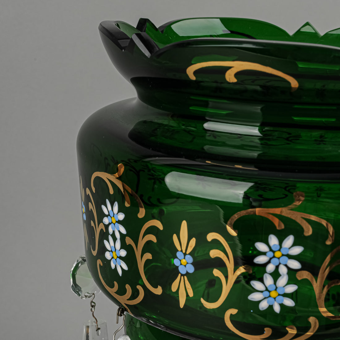 Hand Painted Enamel And Gold Green Glass Lustres Set Of 2