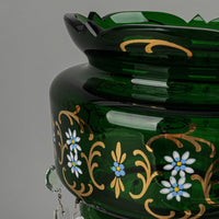 Hand Painted Enamel And Gold Green Glass Lustres Set Of 2