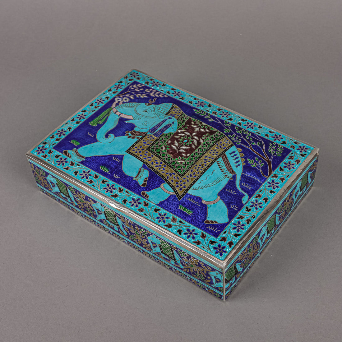 Indian Mughal Style Sterling Silver & Enamel Hinge Box - Elephant