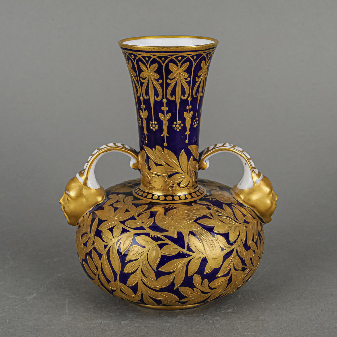 Antique ROYAL CROWN DERBY Face Vase - Gold Birds On Cobalt Ground