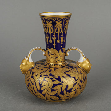 Antique ROYAL CROWN DERBY Face Vase - Gold Birds On Cobalt Ground