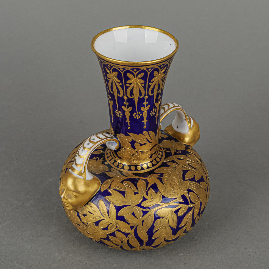 Antique ROYAL CROWN DERBY Face Vase - Gold Birds On Cobalt Ground