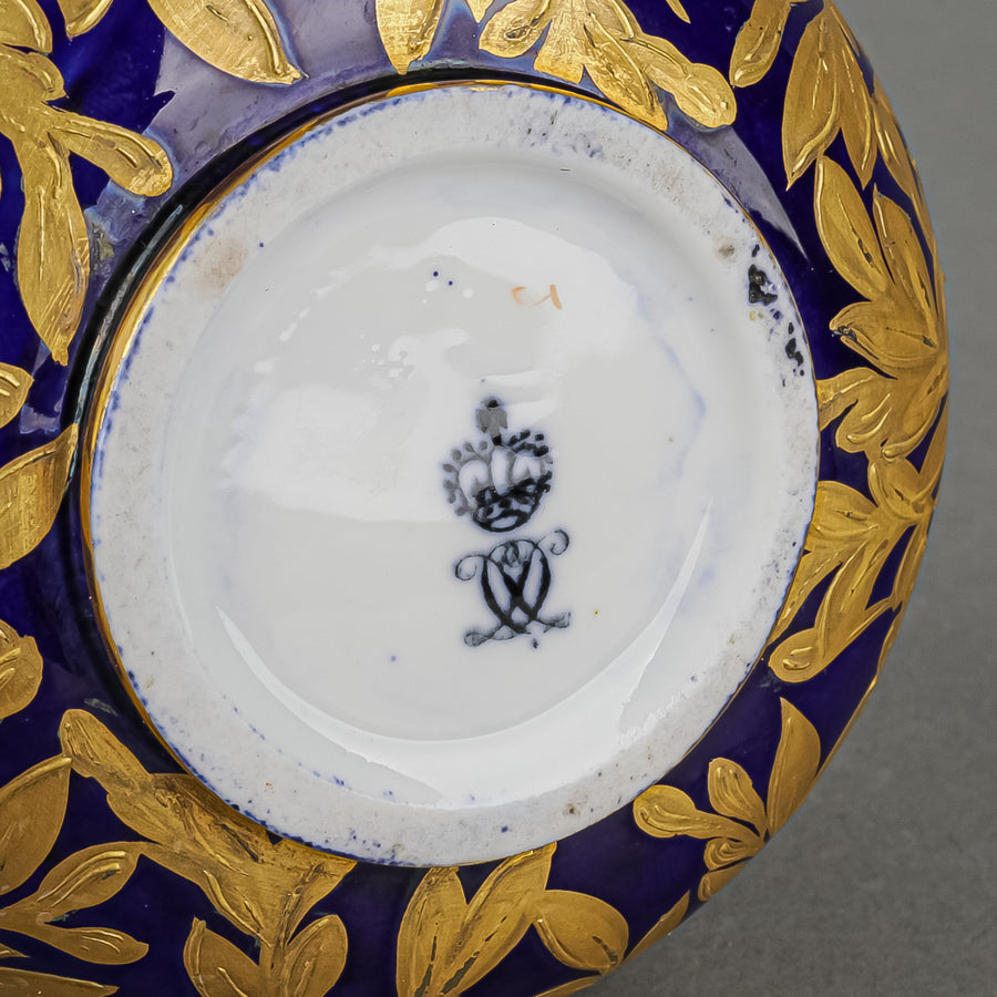 Antique ROYAL CROWN DERBY Face Vase - Gold Birds On Cobalt Ground