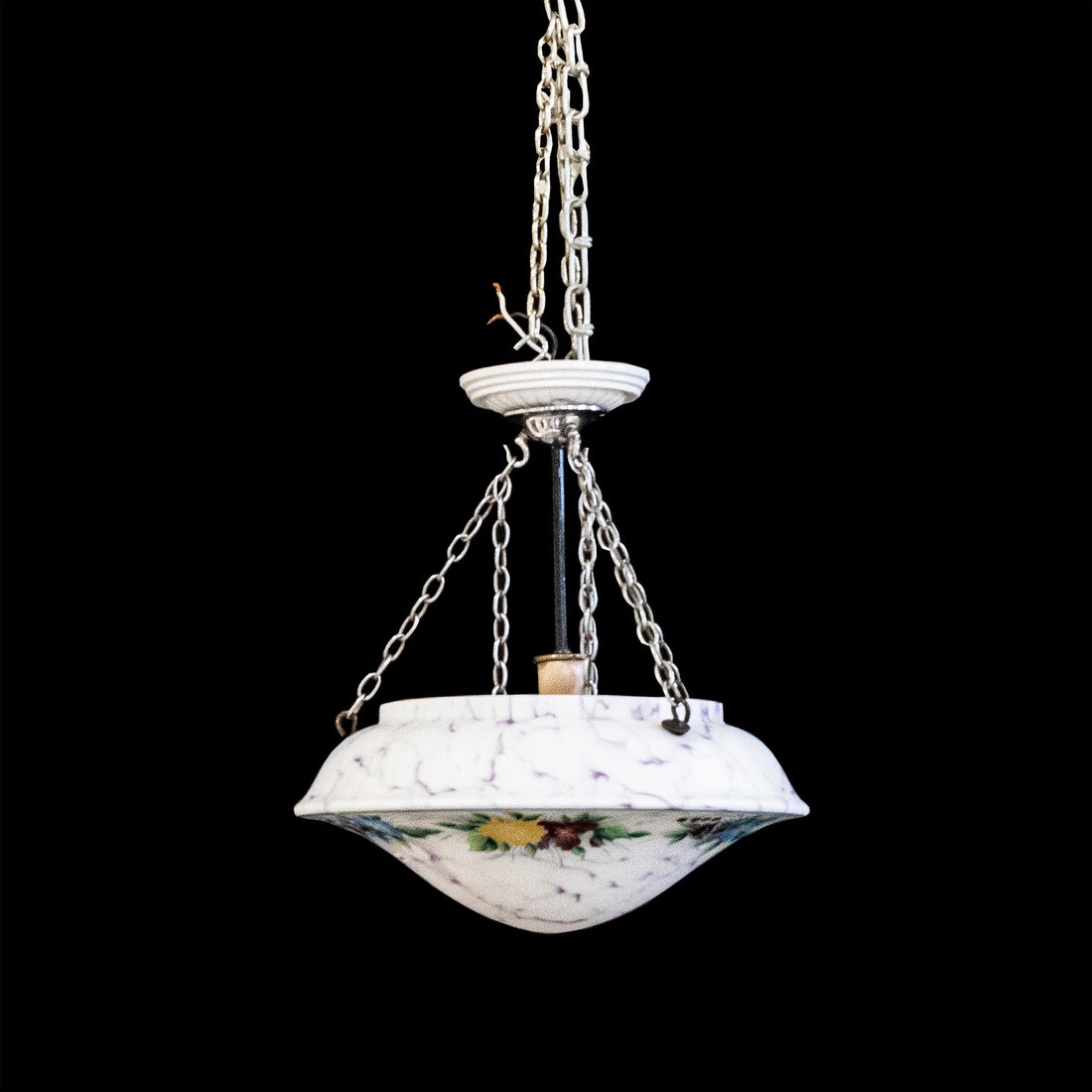 Vintage 1 Light Pendant Fixture                w/Hand Painted Glass Shade