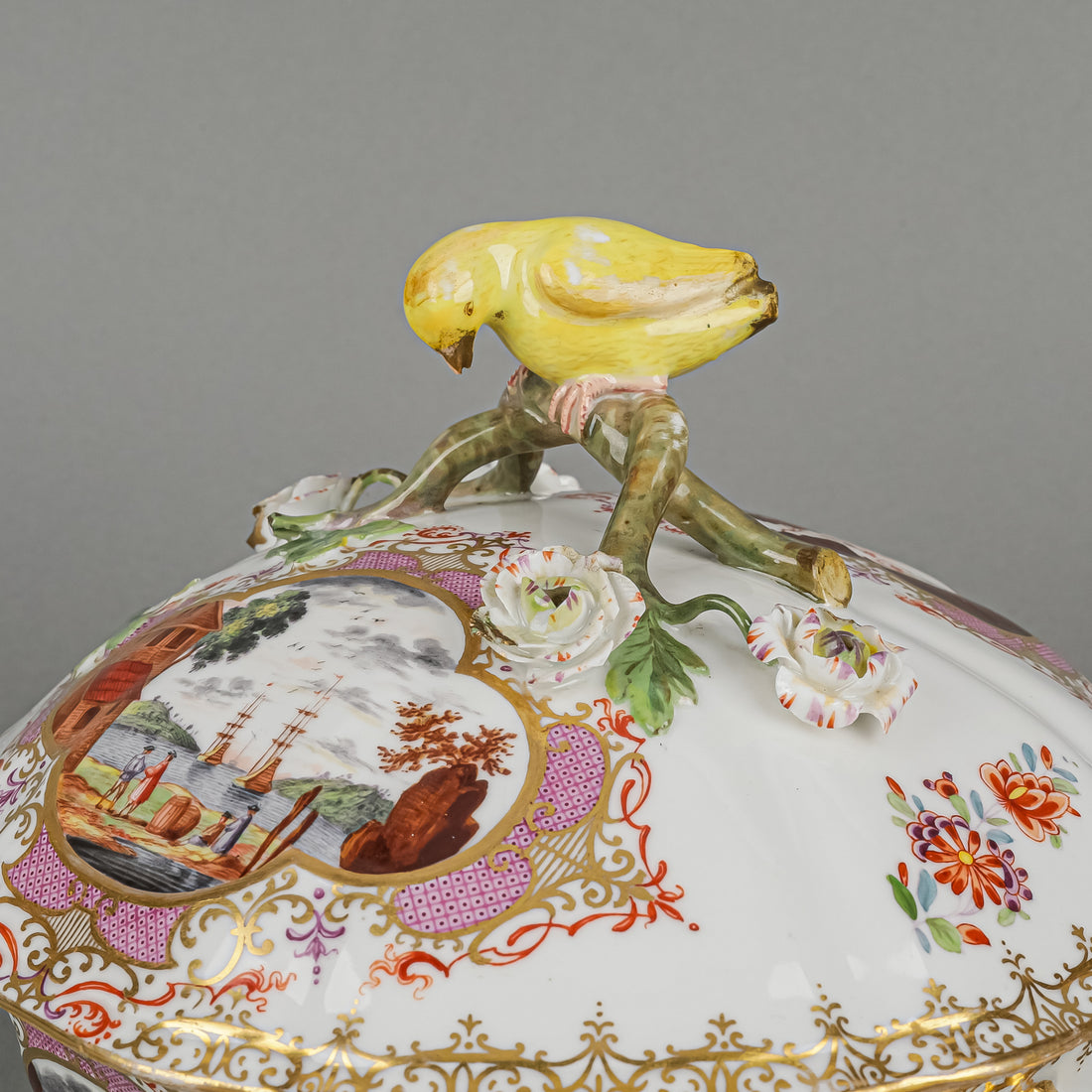 DRESDEN Meissen Hand Painted Panel China Floral Covered Bowl